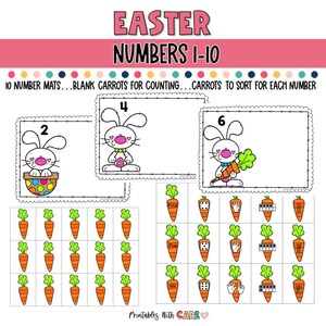 May include: Ten printable Easter-themed number mats featuring a bunny rabbit holding carrots. The mats include numbers 1 through 10, with blank spaces for counting and sorting carrots.