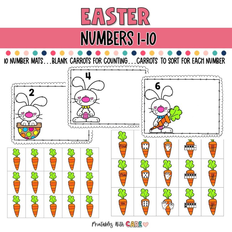 May include: Ten printable Easter-themed number mats featuring a bunny rabbit holding carrots. The mats include numbers 1 through 10, with blank spaces for counting and sorting carrots.