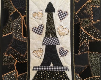 Eiffel Tower Quilted Wall Hanging with Gold Sparkle, Fabric Quilted Wall Art, Fiber Art Quilt with Crazy Quilt Detailed Border