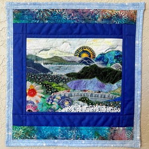 Watercolors Textile Landscape Art Quilt, Textured Fiber Wall Hanging, Original Design (16.5" x 17.5")