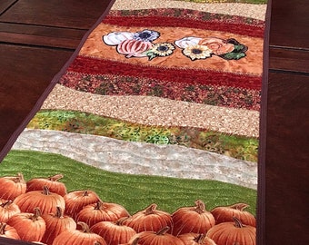 Fall Halloween and Thanksgiving Table Runner, Quilted Pumpkins, Sunflowers, Thanksgiving Decor