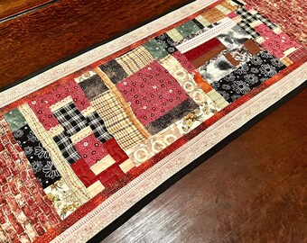 Zeitgenössische Kunst Quilt Tischläufer: Urban Chic Wandbehang, Ziegel, Schwarz und Creme