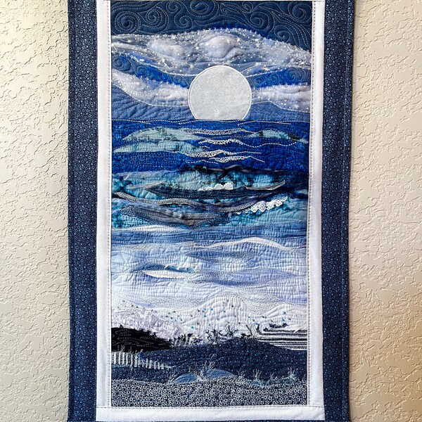 Blue Denim Landscape Moon Over Ocean Art Quilt, Quilted Wall Hanging with Beads, Fiber Textures, Metallic Sparkle, Crocheted Lace, Fiber Art