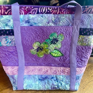 Purple Violet Landscape Quilted Tote Bag: Batik Fabrics, Art Pocket