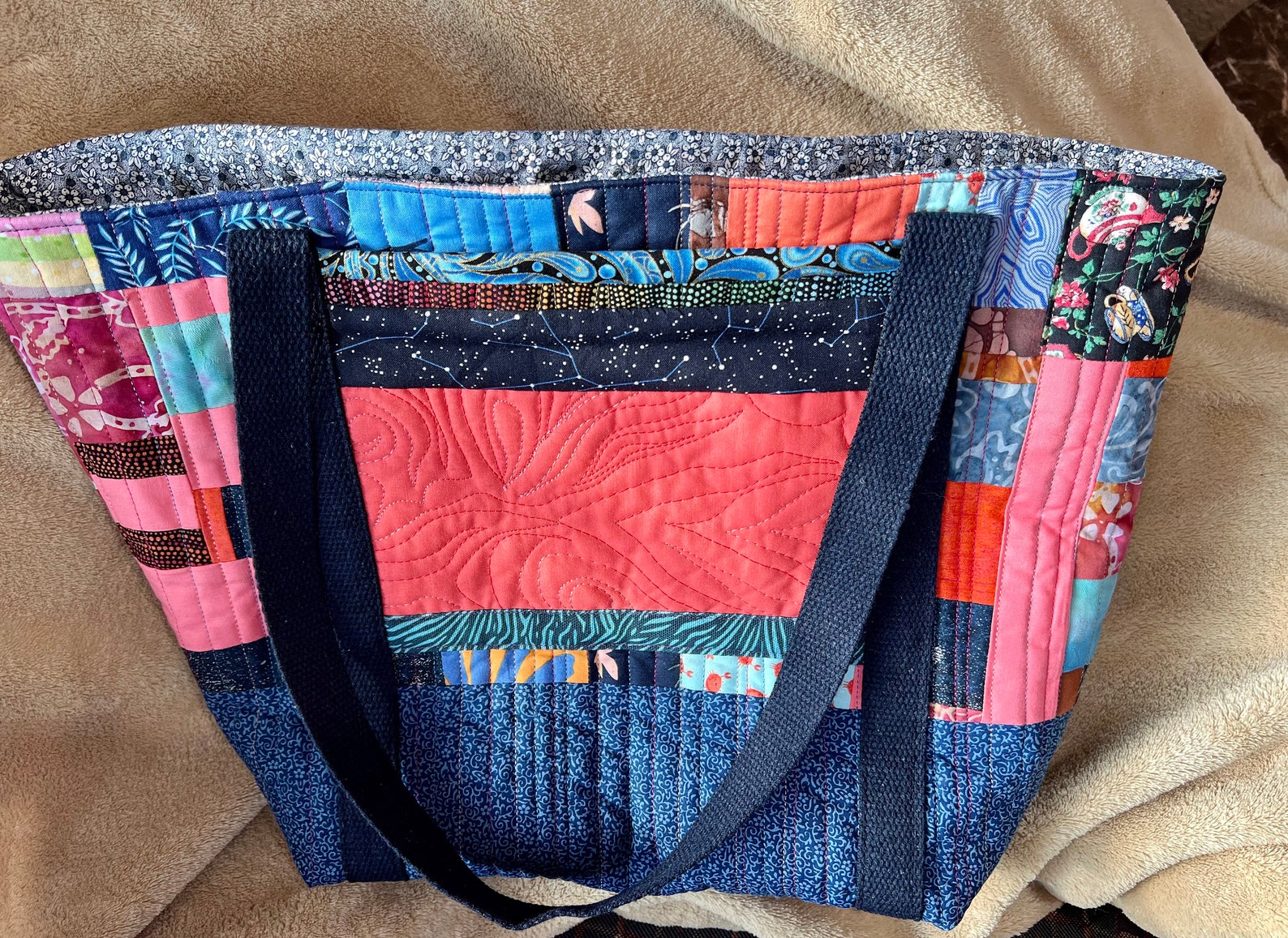 Large Quilted Tote Bag With Pockets Art Quilt Purse or Bag Etsy