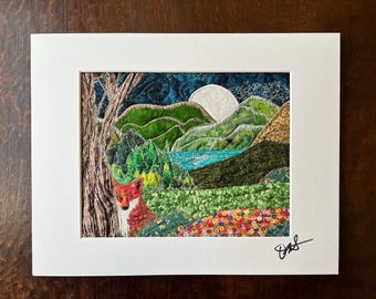 Hidden Fox Fiber Art Quilt: Zeitgenössische textile Wandkunst (11x14"cm mattiert)