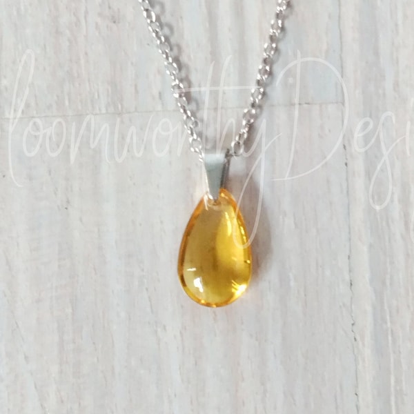 Yellow Glass Drop Necklace Yellow Teardrop Necklace Glass Pendant Necklace Citrine Teardrop Necklace Surgical Steel Chain Necklace