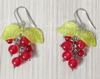 Cherry Cluster Earrings Berry Jewelry Red Glass Drop Fruit Bunch Cluster Dangles Green Lucite Frosted Acrylic Leaf Beaded Clip On Earrings
