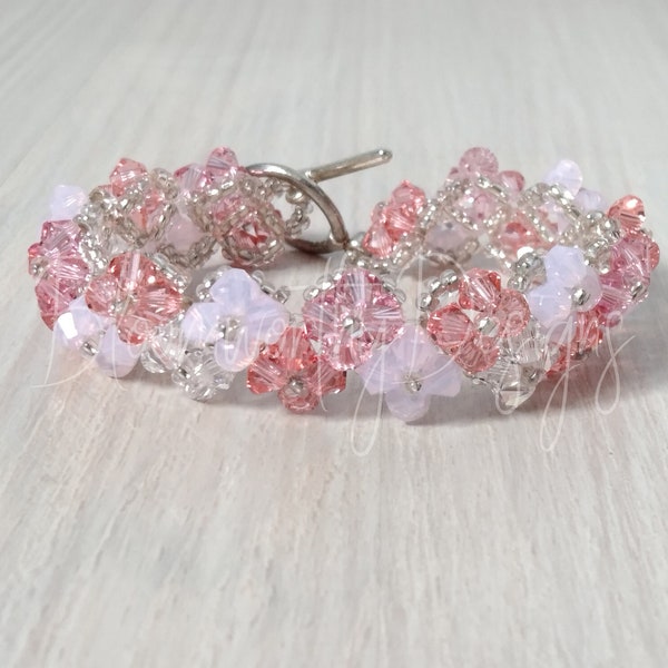 Pink Crystal Bracelet Valentines Love Gift Sweet Floral Spring Rose Crystal Beaded Jewelry Unique  Surgical Stainless Steel Toggle Clasp