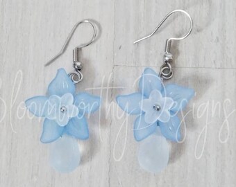 Blue Floral Earrings Flower Dangle Earrings Navy Flower Jewelry Frosted Lucite Earrings Surgical Stainless Steel Clip On Earrings