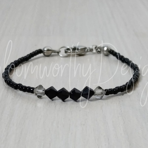 Monochrome Black Bracelet Unisex Crystal Bracelet Solid Black Stackable Bracelet Elegant Black Thin Jewelry Opaque Jet Onyx Grunge Punk