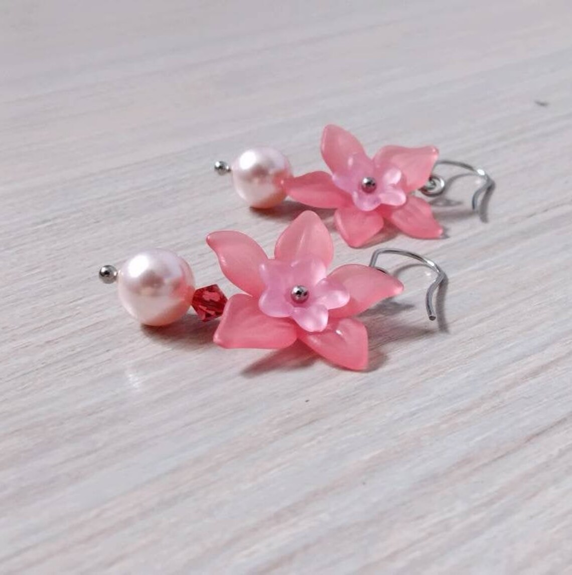 Pink Floral Earrings Flower Dangle Earrings Rose Flower Etsy