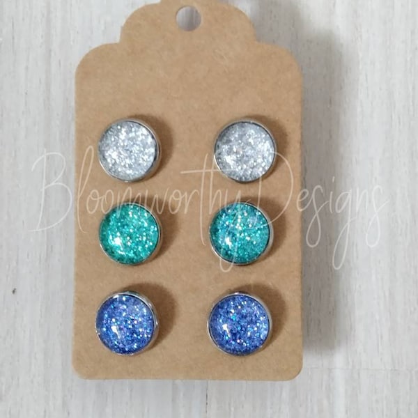 10MM 12MM Set of 3 Ocean Stud Earrings Surgical Steel Earrings Set Everyday Night Glitter Faux Druzy Earrings Simple Glass Cabochon Daily