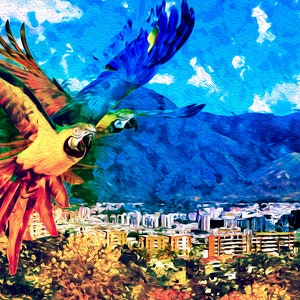 May include: Two parrots flying over a city with mountains in the background. The parrot on the left is yellow and red with blue and green accents. The parrot on the right is blue with green and yellow accents. The city is painted in a colorful style.