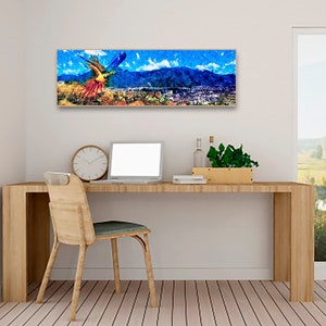 May include: A colorful abstract painting of a parrot flying over a city with mountains in the background.