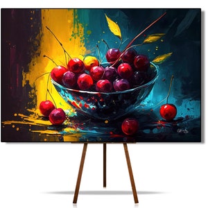 Still life Cherries artwork with an oil painting effect, Abstract canvas wall art, Canvas prints of abstract fruit still life, Cherries Art