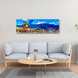 May include: A colorful abstract painting of a bird flying over a city with mountains in the background.