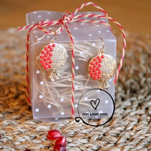 Pomegranate drop earrings with the box, birthday gift or Yalda gift. گوشواره آویز طرح انار