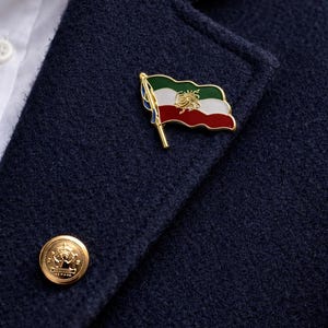 May include: A navy blue blazer with a gold-colored button and a flag pin. The pin features a flag design with green, white, and red stripes, and a gold emblem. The blazer is worn over a white collared shirt.