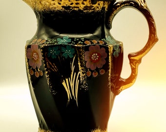 アンティーク ジャックフィールド 黒釉陶器 水差し：ピューター蓋付き