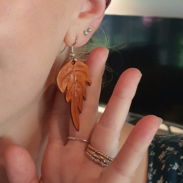 Leather leaf earrings, hand carved and original design on sterling silver hooks