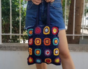 Crochet Tote Bag in Colorful Cotton Blend Granny Square Pattern