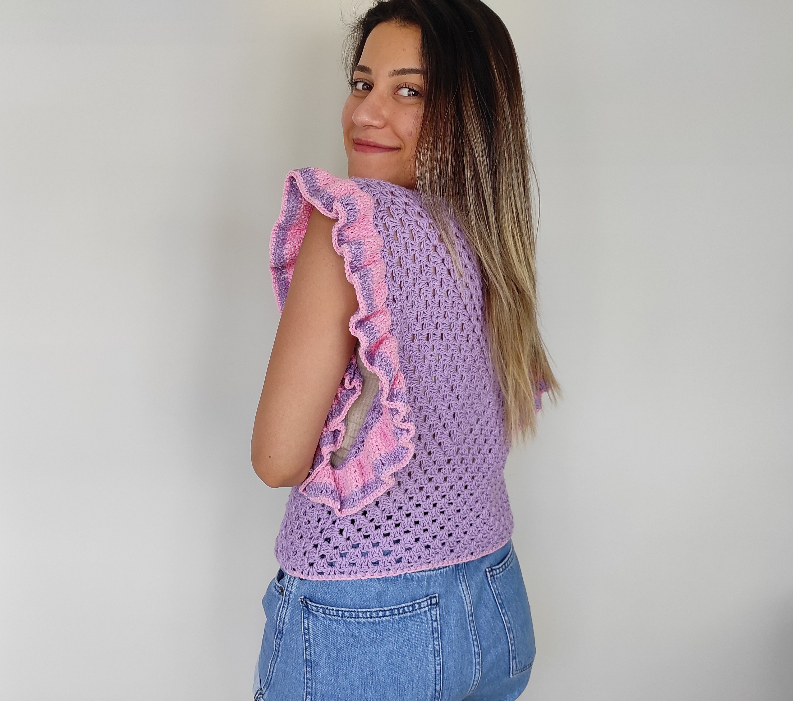 Ruffled Sleeve Crochet Top Women Knitwear Cotton Sweater Etsy