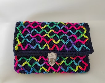 Handmade Crochet Clutch Bag: Rainbow Diamond Stitch, Navy Blue