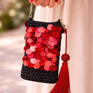 Black Red Sequin Crochet Phone Bag, Sparkly Mini Crossbody Evening Party Purse