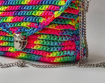 Rainbow Crochet Crossbody Bag: Handmade Polyester Shoulder Bag