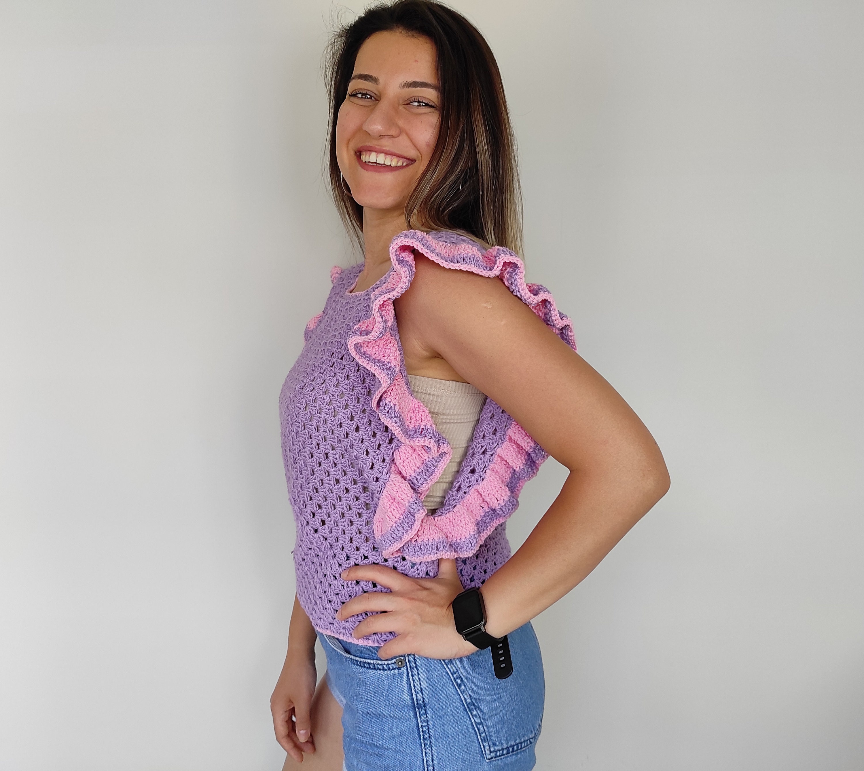 Ruffled Sleeve Crochet Top Women Knitwear Cotton Sweater Etsy