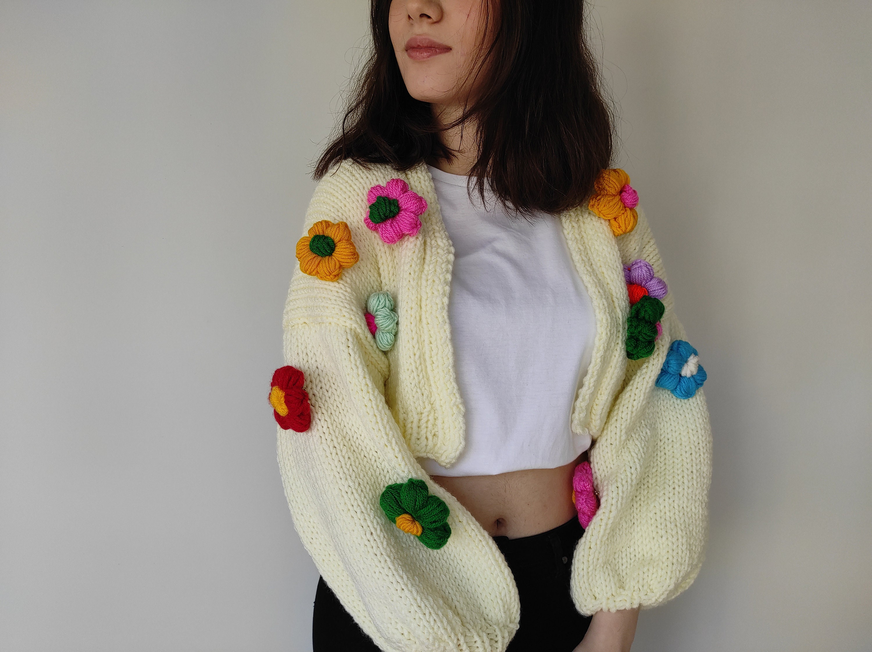 Puff Flower Cardigan Balloon Sleeve Cardigan Chunky Knit Etsy