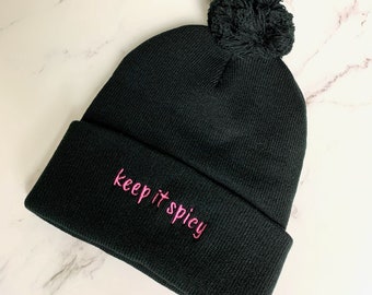 Keep it Spicy Beanie Cute Pink Black Hat PomPom