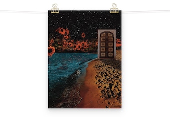 Sunflower Beach Surrealism Art Print: Space Collage Poster
