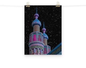 Masjid Mosque Pillar Surrealism Vibrant Space Art | Matte Poster Print | Gifts for Muslim Friends