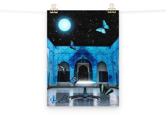 Ice Blue Mosque Art Print: Surreal Space Butterflies Poster