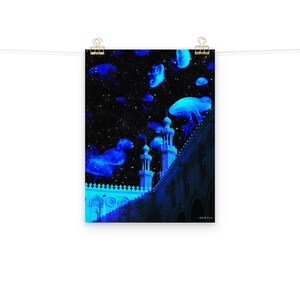 Póster con collage de arte digital con impresión mate, estilo surrealista, medusas, mezquita, Atlántida, arte islámico, regalos para amigos musulmanes, amigos desi
