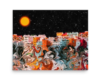European Houses Surrealism Space Art Vibrant Poster Prints Wall Art