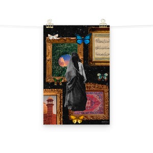 May include: A collage of images in ornate gold frames against a black background with stars. The images include a mosque, a woman in a black abaya, a butterfly, a rug, and Arabic calligraphy.