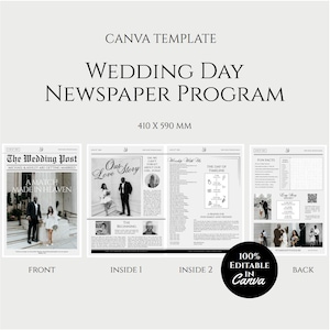 Può includere: Un modello di programma di giornale di nozze con il testo "Wedding Day Newspaper Program" e "Canva Template". Il programma misura 41,0 x 59,0 cm e include sezioni per la parte anteriore, l'interno 1, l'interno 2 e il retro. La prima pagina recita "The Wedding Post".