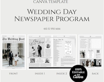Plantilla de Canva para periódico de boda cristiana, programa de ceremonia nupcial grande y personalizable, itinerario de periódico imprimible y editable, día de la boda