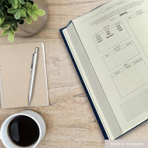 K&ouml;nnte beinhalten: Ein Monatsfinanzen-Journal mit blauem Einband. Das Journal ist auf der Januar-Seite ge&ouml;ffnet und enth&auml;lt Abschnitte f&uuml;r Einkommen, Ersparnisse und Schulden. Das Journal liegt auf einem Holztisch mit einer Tasse Kaffee, einem Stift und einem Notizbuch.