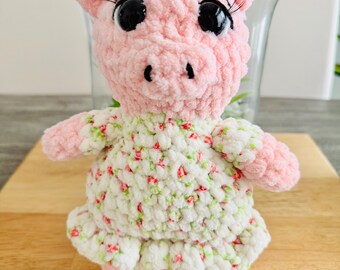 Crochet Piggy, Chenille Stuffed Animal, Flower Dress, Handmade Plush