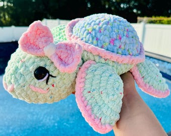 Crochet Sea Turtle Plush, Chenilla Yarn Stuffed Animal, Baby Shower Gift