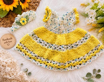 Handmade Crochet Baby Dress with Ruffle Sleeves and Headband | Yellow Newborn Outfit