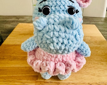 Crochet Hippo Amigurumi, Blue Chenille Stuffed Animal with Pink Dress