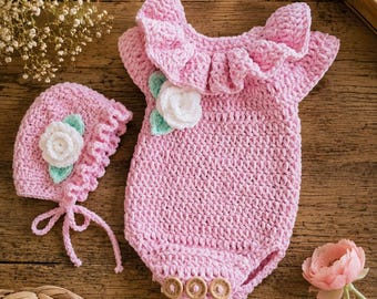 Handmade Crochet Chenille Baby Romper Set with Bonnet | Newborn Photo Prop
