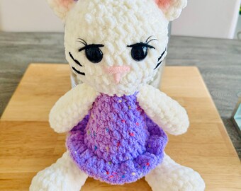 Handmade Chenille Crochet Kitty, Violet Dress Amigurumi, Soft Stuffed Cat