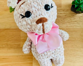 Crochet Bear Plush, Floral Headband, Chenille Stuffed Animal