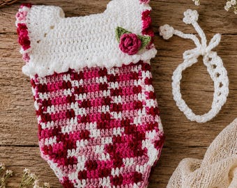 Handmade Crochet Baby Romper Set with Headband | Pink White Ombre Ruffle Outfit